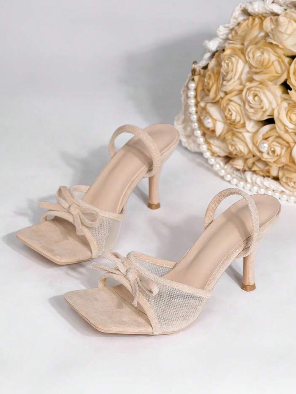 Soft Apricot Mesh Bow Slingback Heels